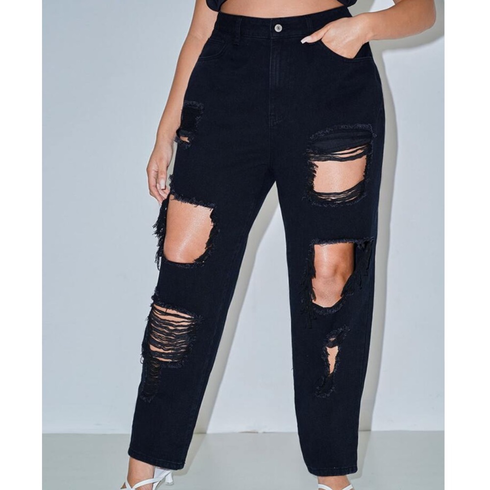 Plus size distressed ripped black jeans denim